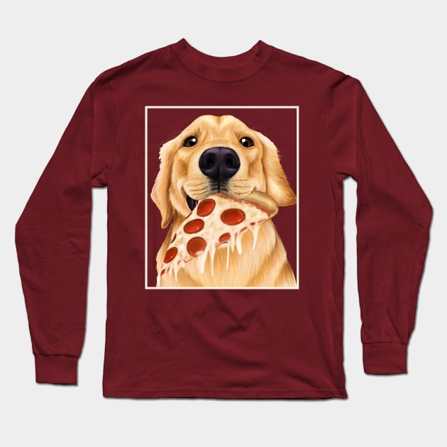 Golden Retriever eating pizza - dog with a slice of pizza Long Sleeve T-Shirt by Mehu Art